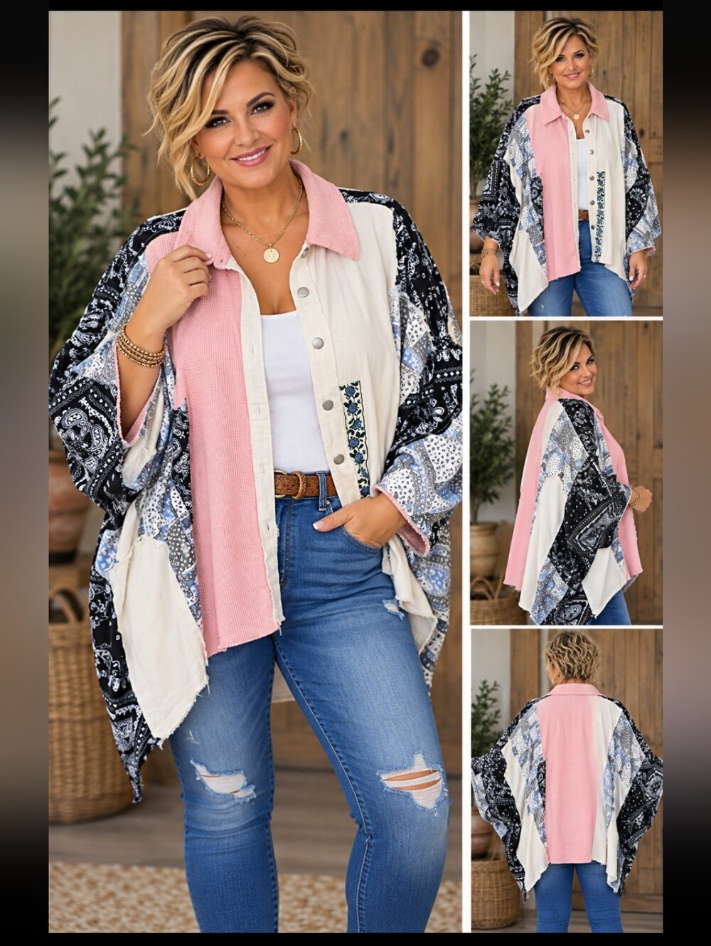 POL Pink & Black Patchwork Button-Front Women's Sweater Jacket